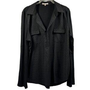 Skys Are Blue Women's Top Blouse Size XL Petite Solid Black Semi Sheer Roll Tab